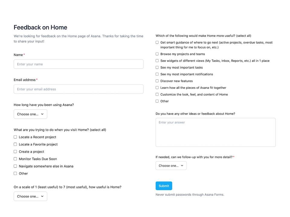 Asana customer feedback survey about the platform's homepage