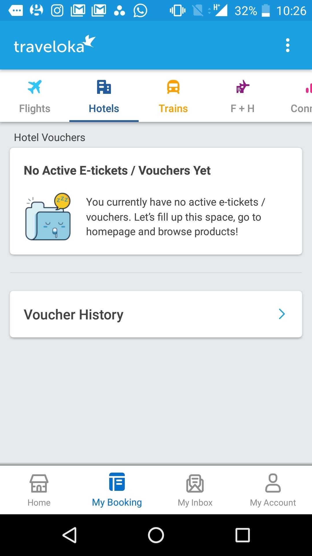Screenshot of No active e-tickets or vouchers in Traveloka app.
