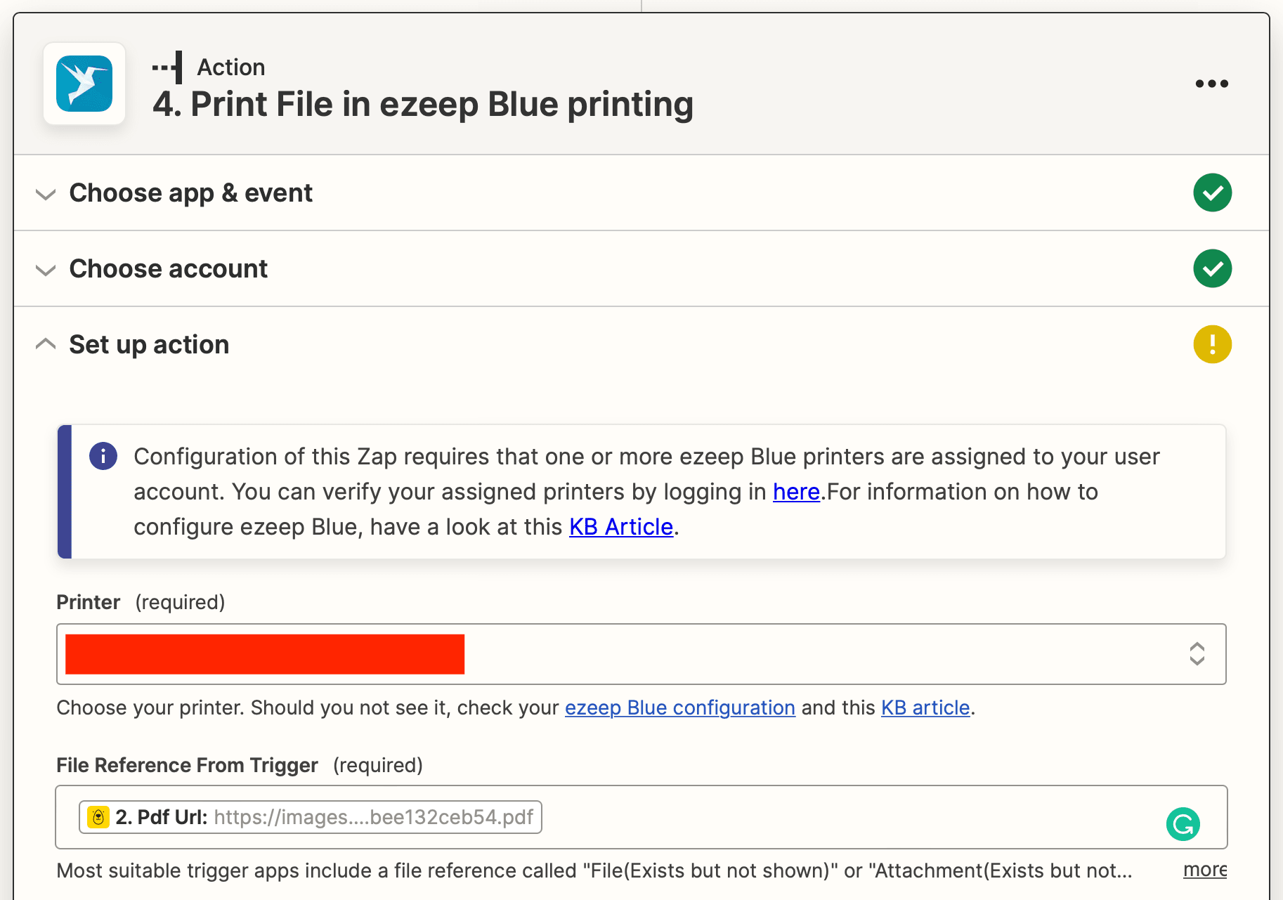 Screenshot of Zapier ezeep Blue printing action setup