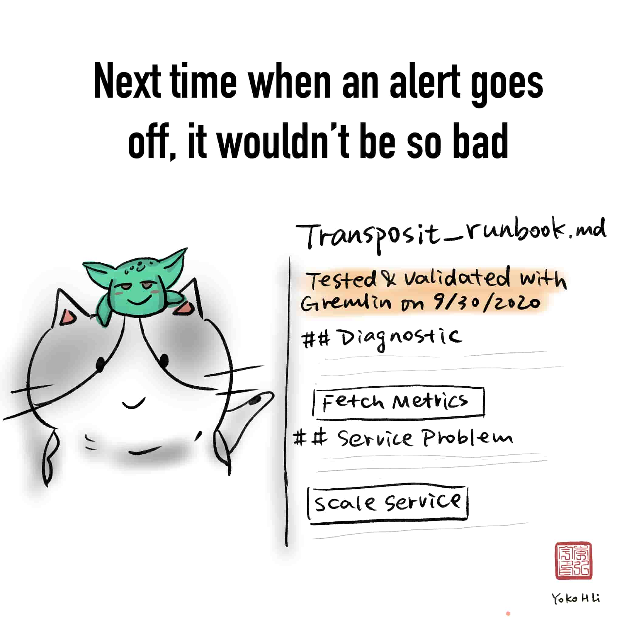 Comic: Next time when an alert goes off, it wouldn't be so bad. Image: Runbook with a validated with Gremlin date