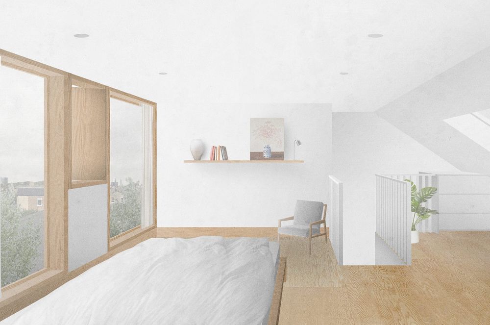 Interior view of the master bedroom within the proposed rear dormer extension and loft conversion at Claude Road, London designed by From Works.