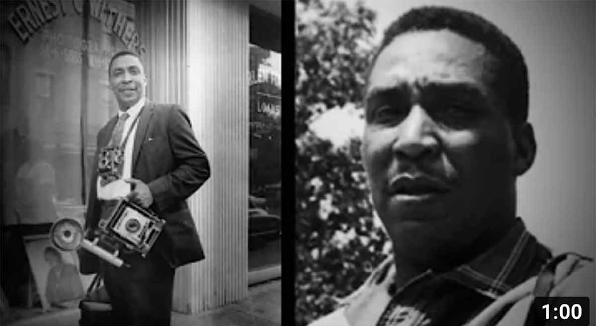 A video thumbnail showing two images. Left, Ernest Withers holds a camera in front of his Memphis gallery. Right, a headshot of Withers.