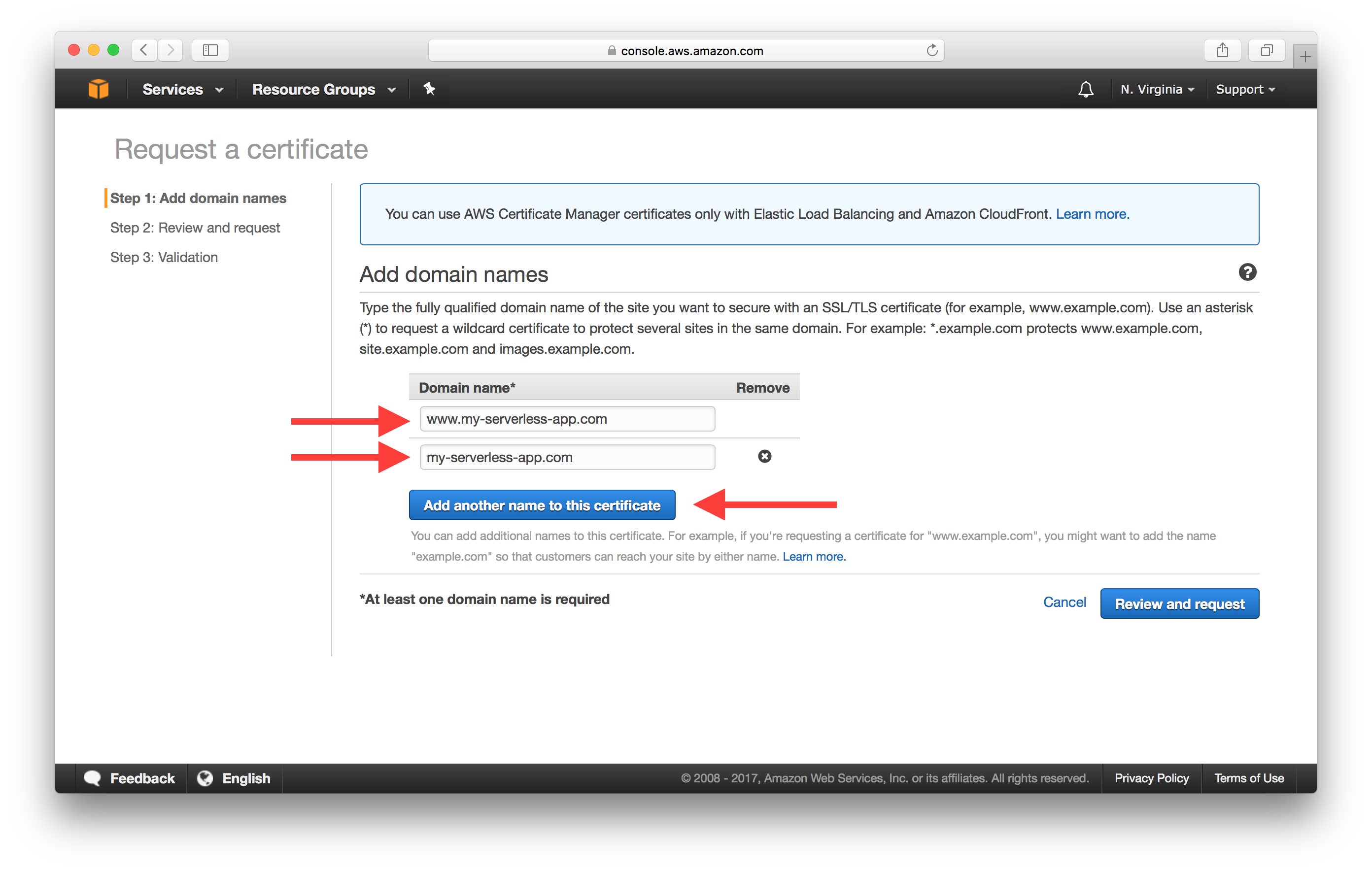 Add domain names to certificate screenshot