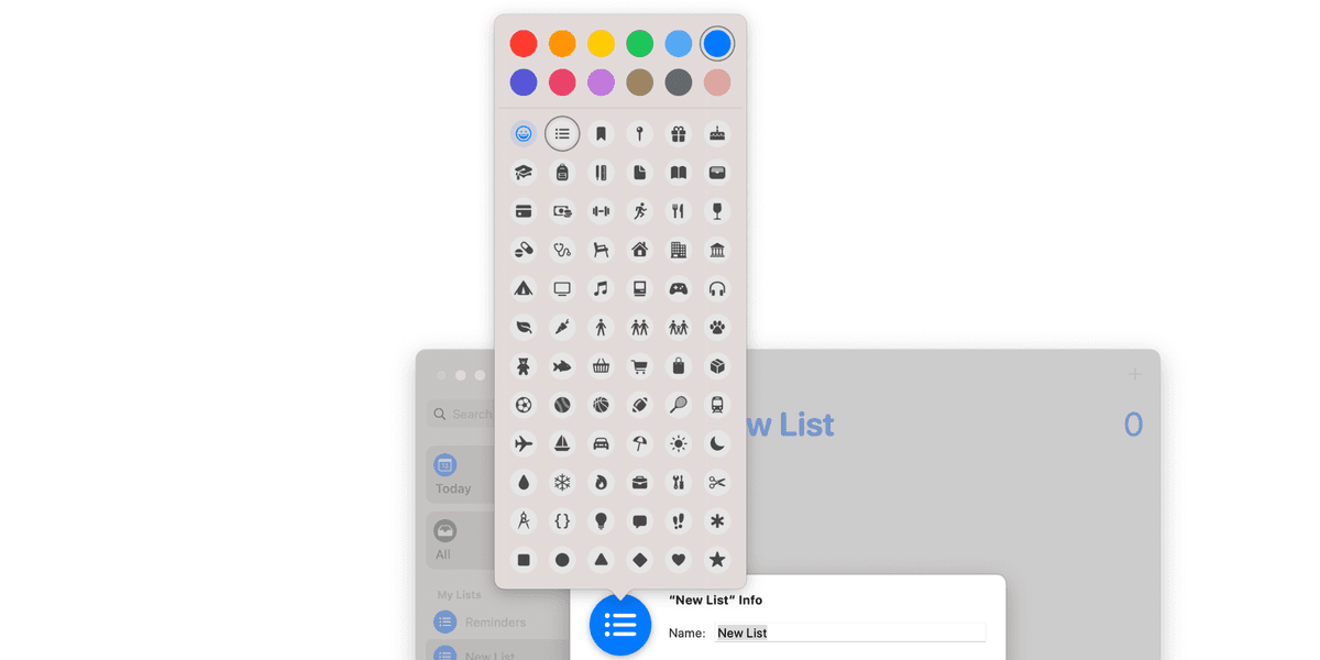 Reminder lists colours and icons