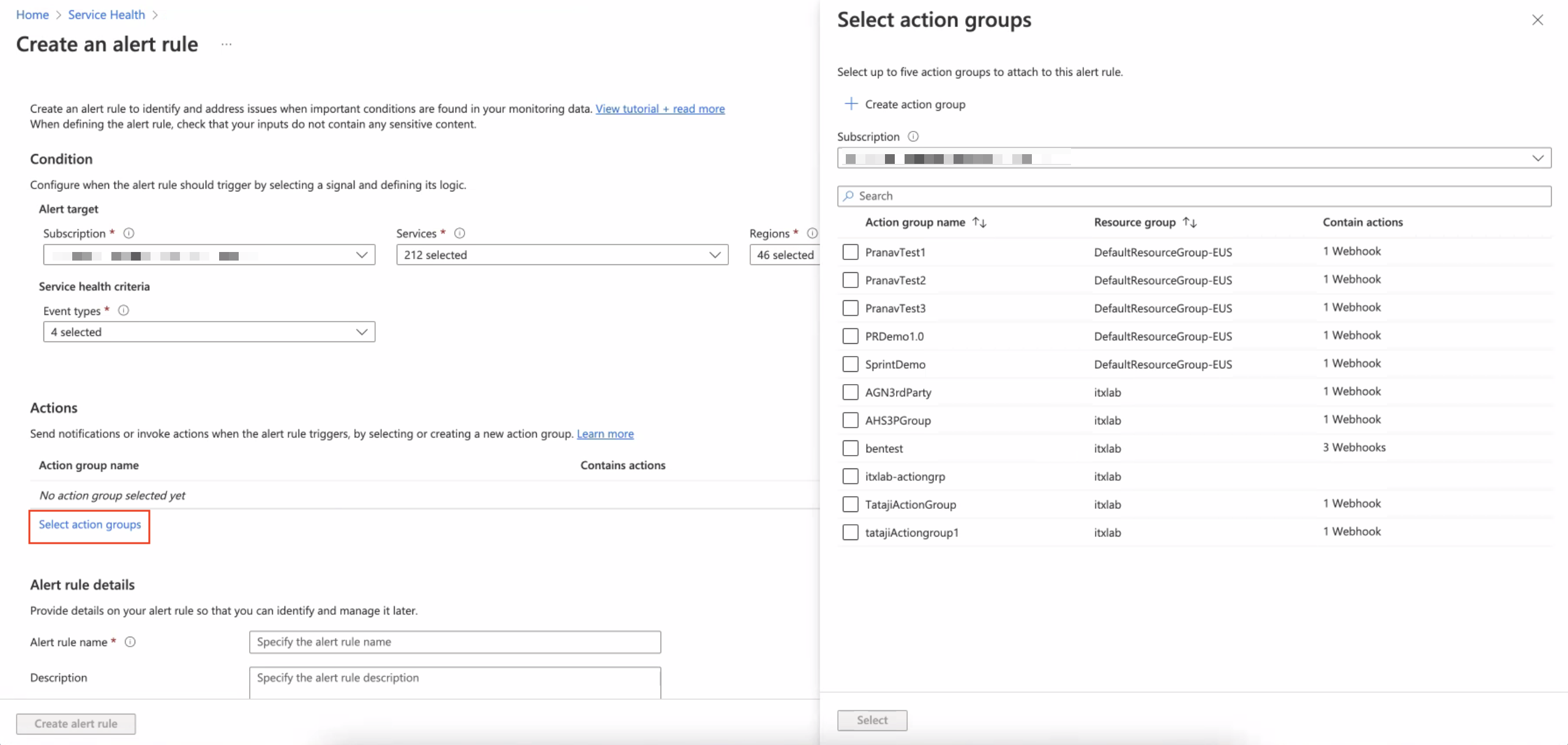 Page to select an action group.