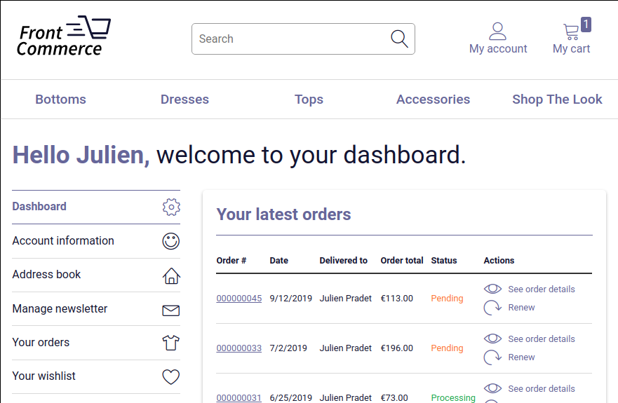An account dashboard displays the main layout, but also a navigation common to all the account pages.