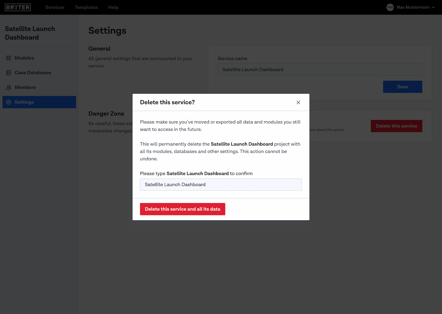 Screenshot from the Service deletion modal.