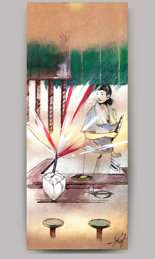 An acrylic painting on wood panel, titled 'Midnight Diner', of a pantless woman in the back of a pub kitchen holding a knife. On the pub counter is a box containing cremated ashes with a lit roman candle is sticking out.