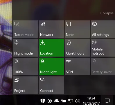 Disable/enable Night light via the Action Center