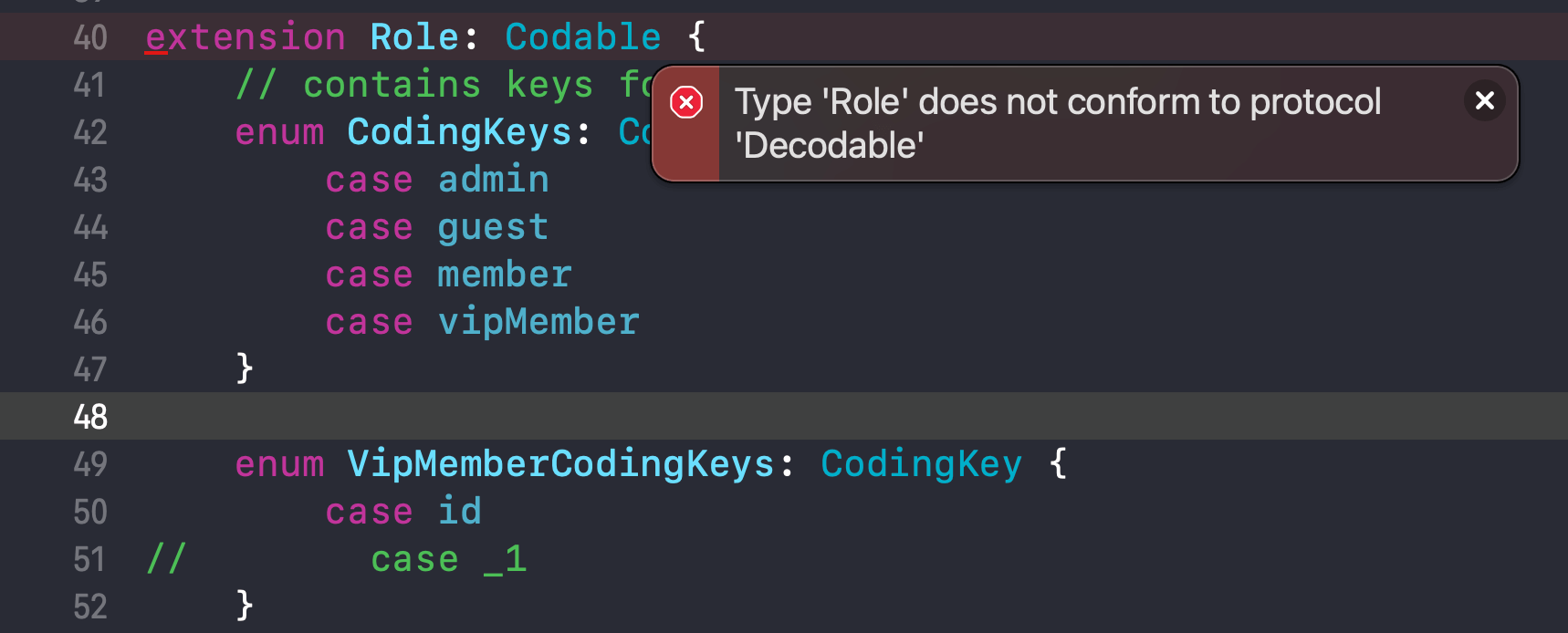 Type 'Role' does not conform to protocol 'Decodable' error.
