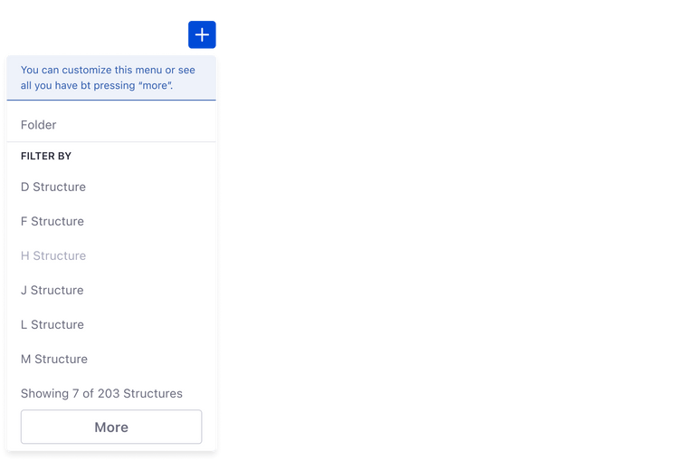 dropdown menu actions in plus button with favorites configuration and scroll bar case