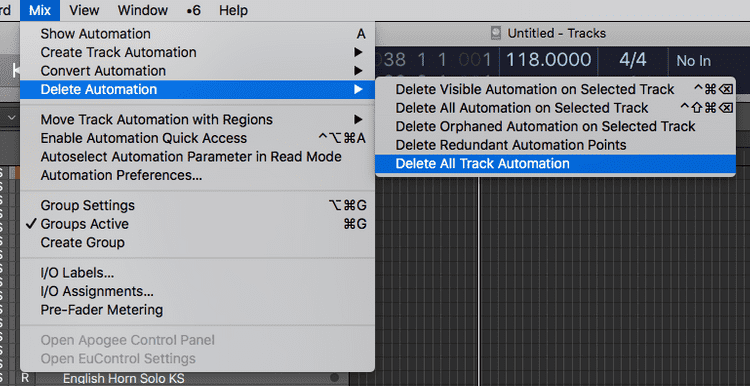 menu option to delete automation in logic pro x