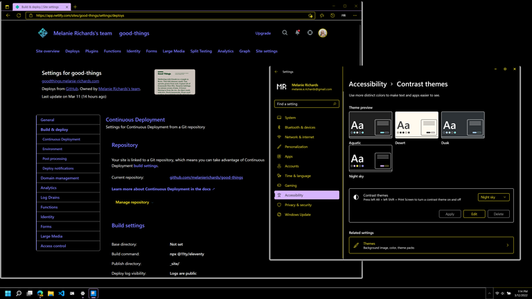 My entire OS, including browser with web content, rendered in a white on black contrast theme with blue, purple, and yellow accents