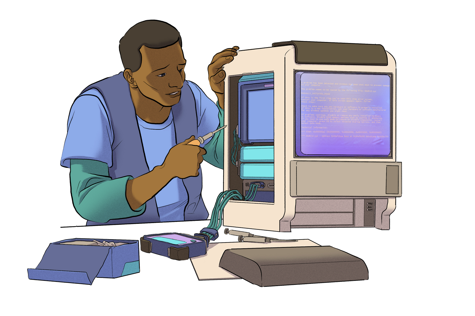 Ilustrace osoby pracující na počítači.