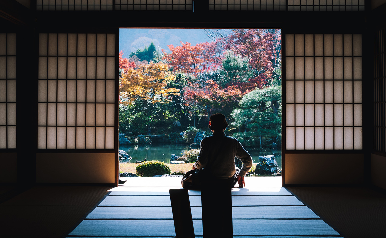 an older person looking through the doorway at a japanese garden