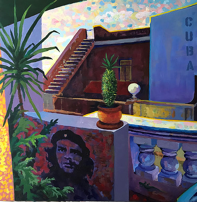 panel 1 of 3 of a striking still life painting on Cuba balcony which features a small mural of Che Guevara