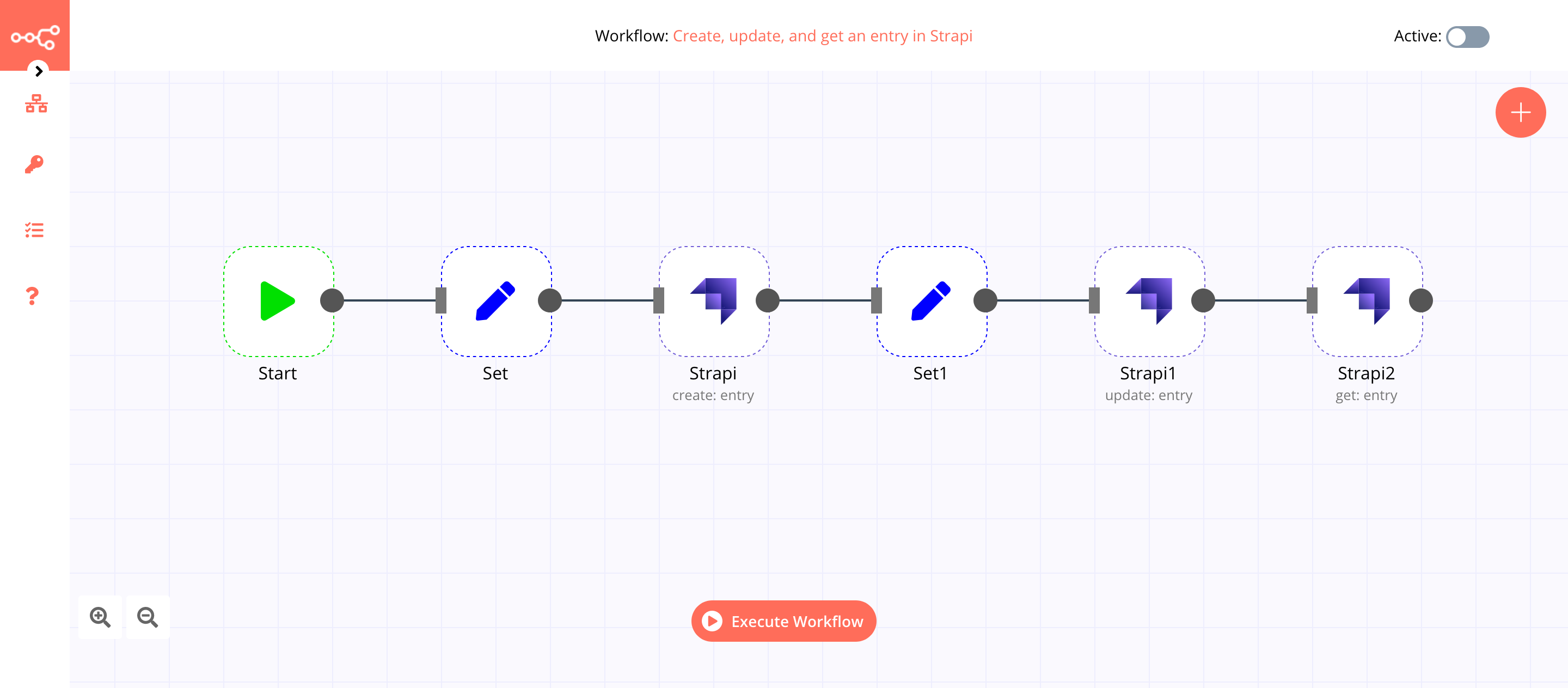 A workflow with the Strapi node