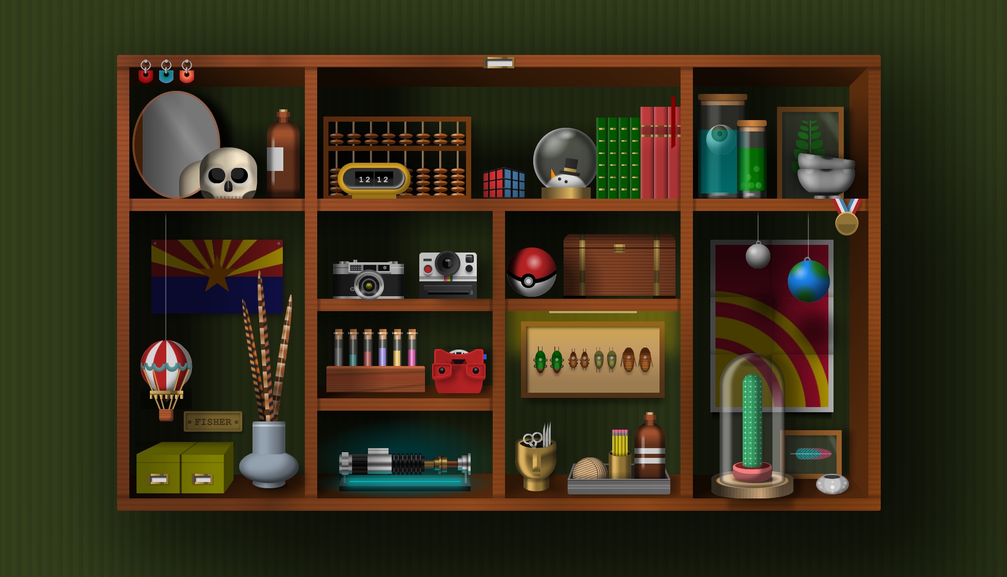 A whole CSS-art cabinet of single-div objects drawn by Lynn Fisher,
from a mirror and skull, to abacus, clock, viewfinder, plants,
snow globe, hot air balloon, and lightsaber.
