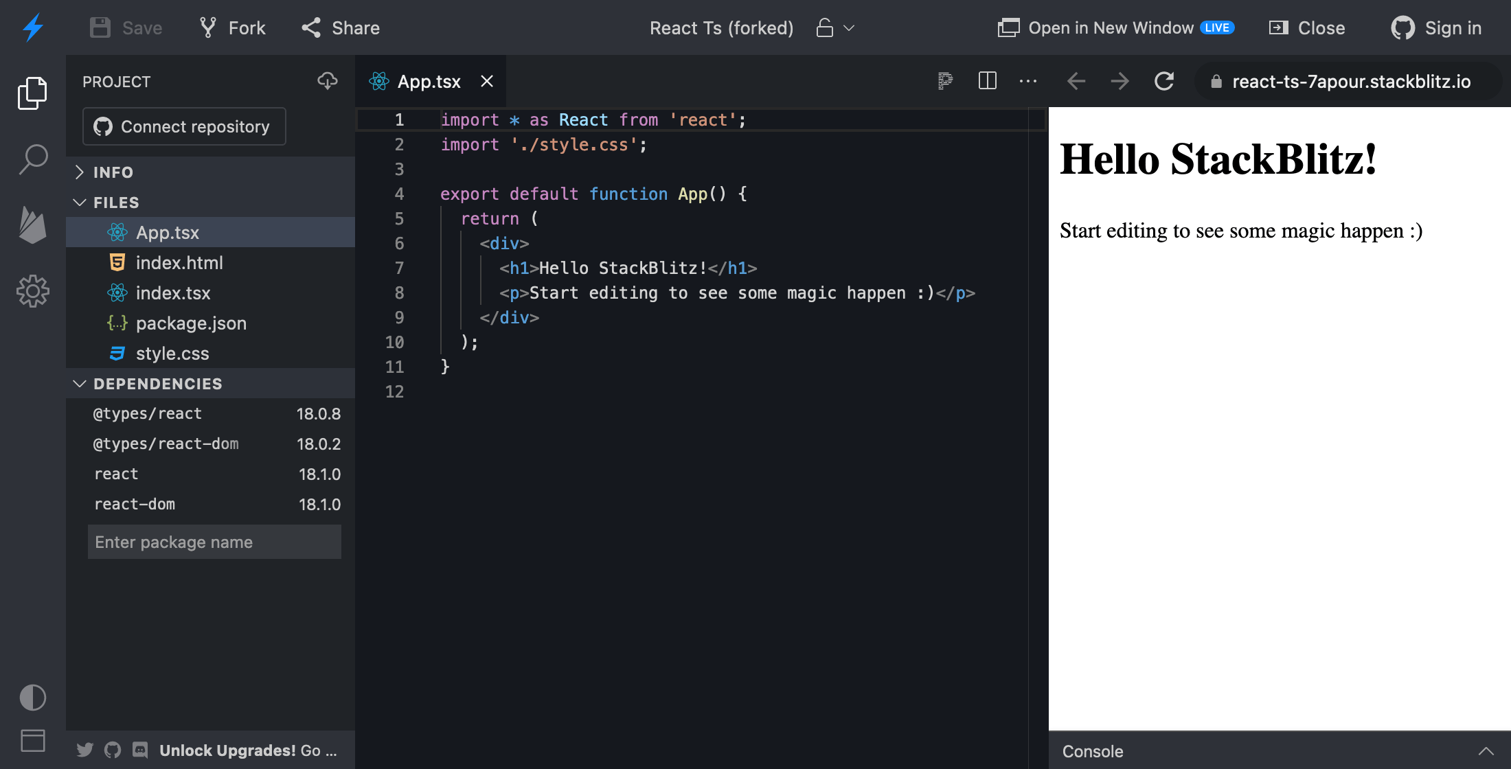 The StackBlitz editor showing the React TypeScript starter project