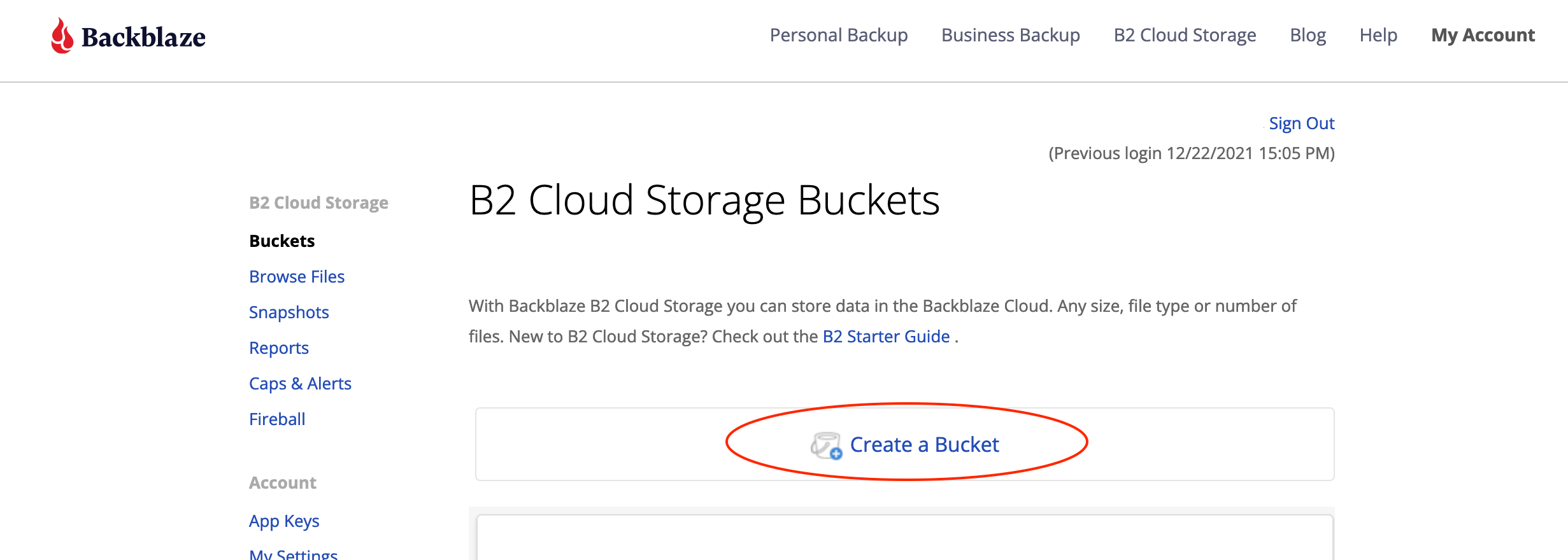 Showing the "Create a Bucket" button