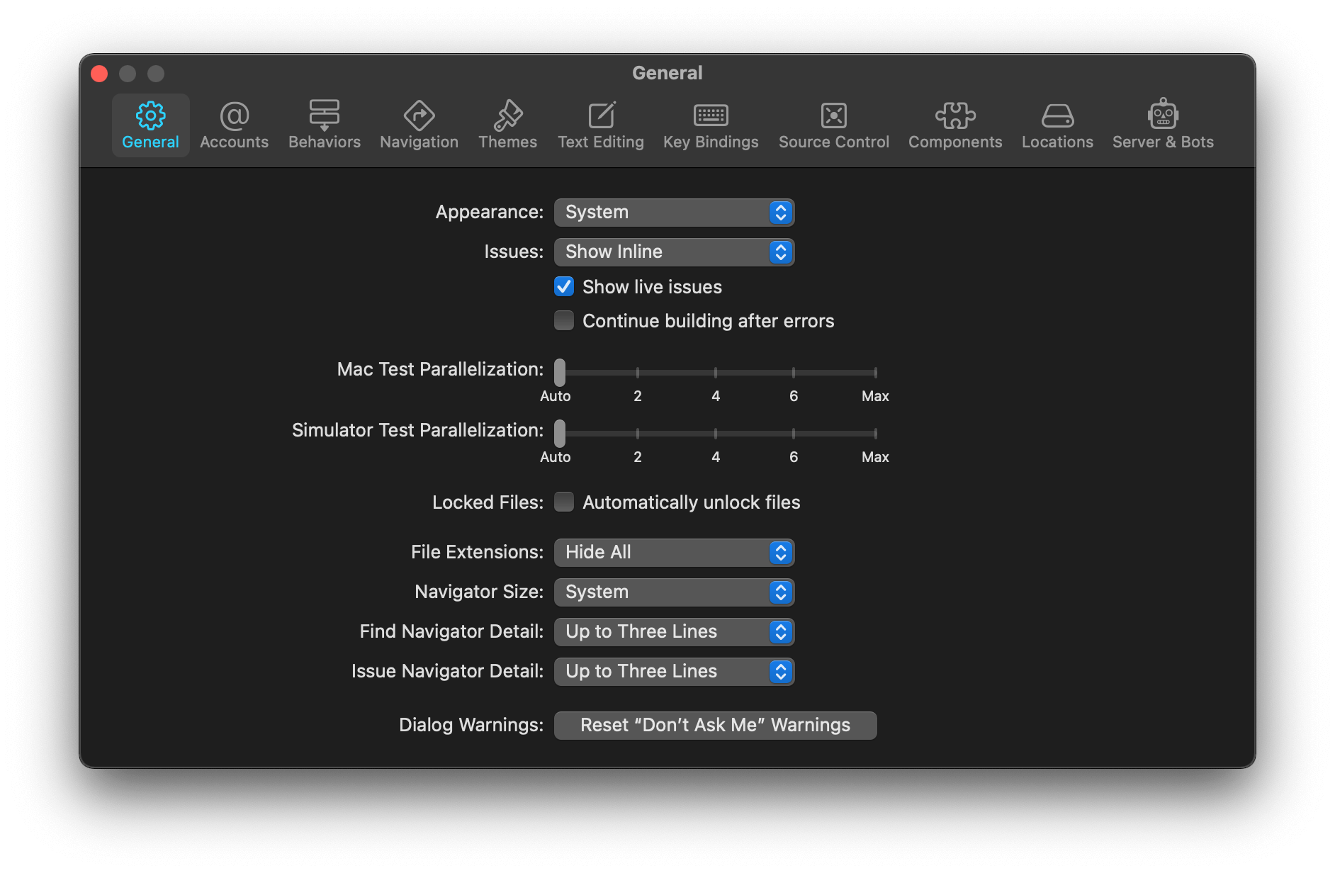 Xcode preference window.