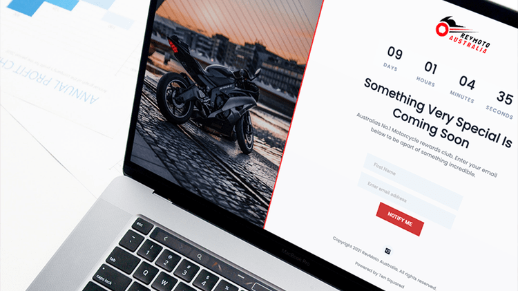 Revmoto Australia's coming soon page displayed on a macbook pro