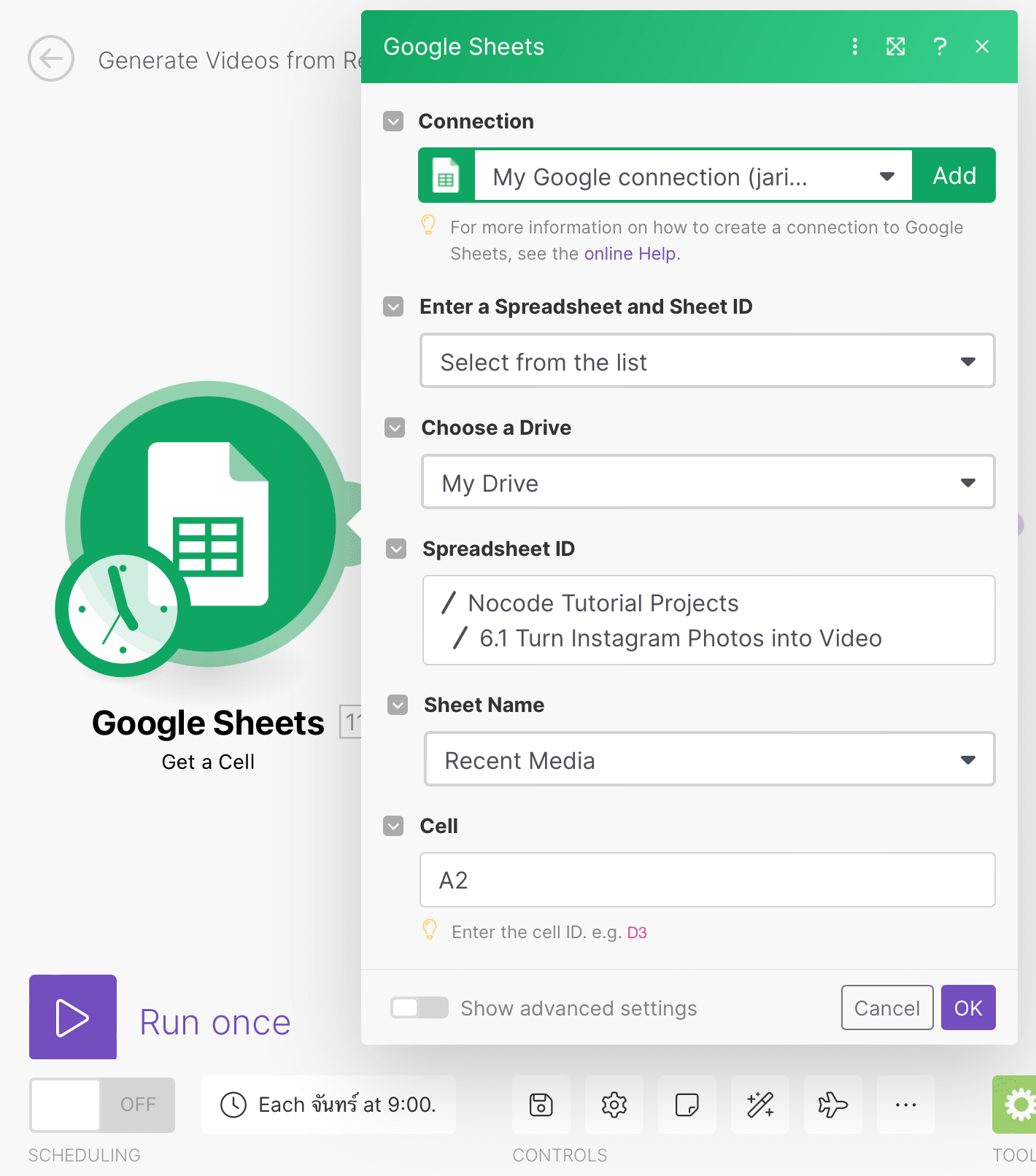 Screenshot of Make Google Sheets get a cell module setup