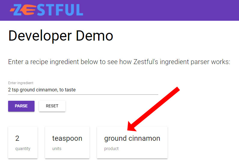 Screenshot of parsing ground cinnamon on Zestful