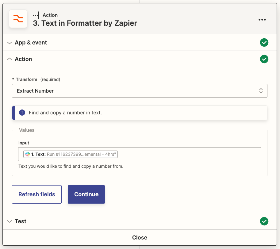 Screenshot of the Zapier UI, showing the Transform step configured to extract a number from the Slack message&#39;s Text property