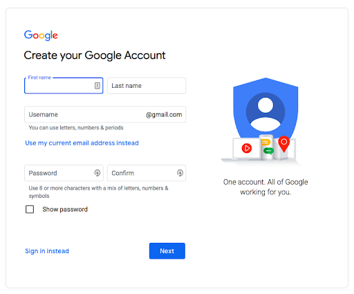 The Google new account sign-up screen