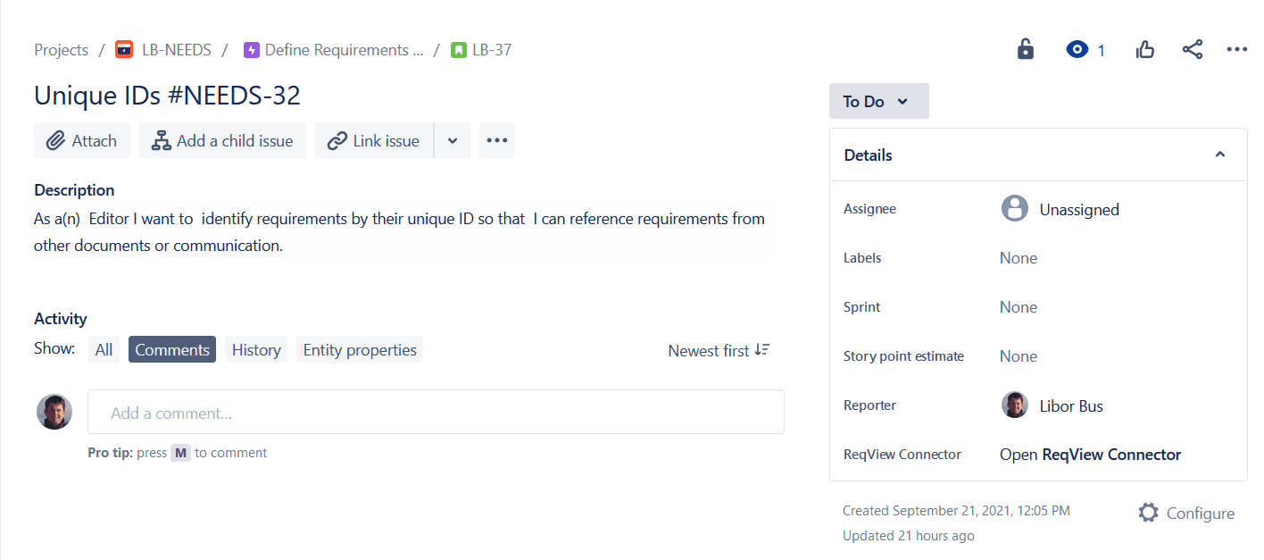 Detailed view of a Jira issue exported from ReqView