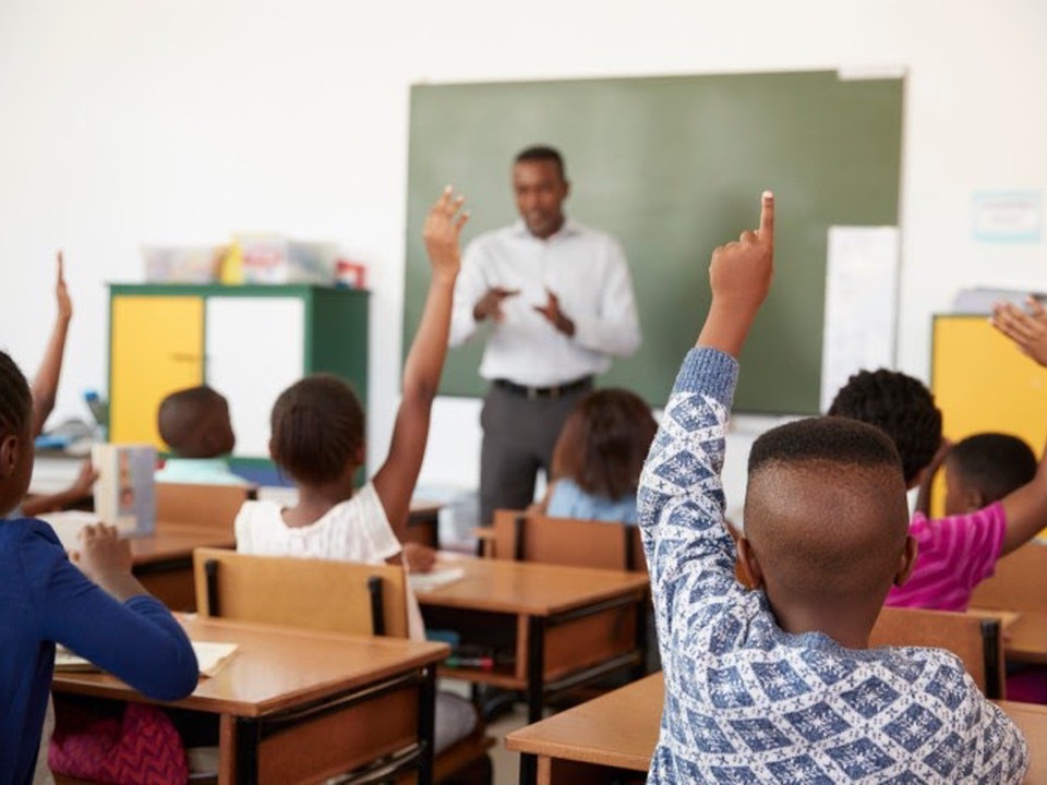 Schoolchildren raise their hands in class.