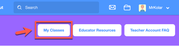 Screenshot of Scratch homepage with an arrow pointing to a button labeled "My classes"