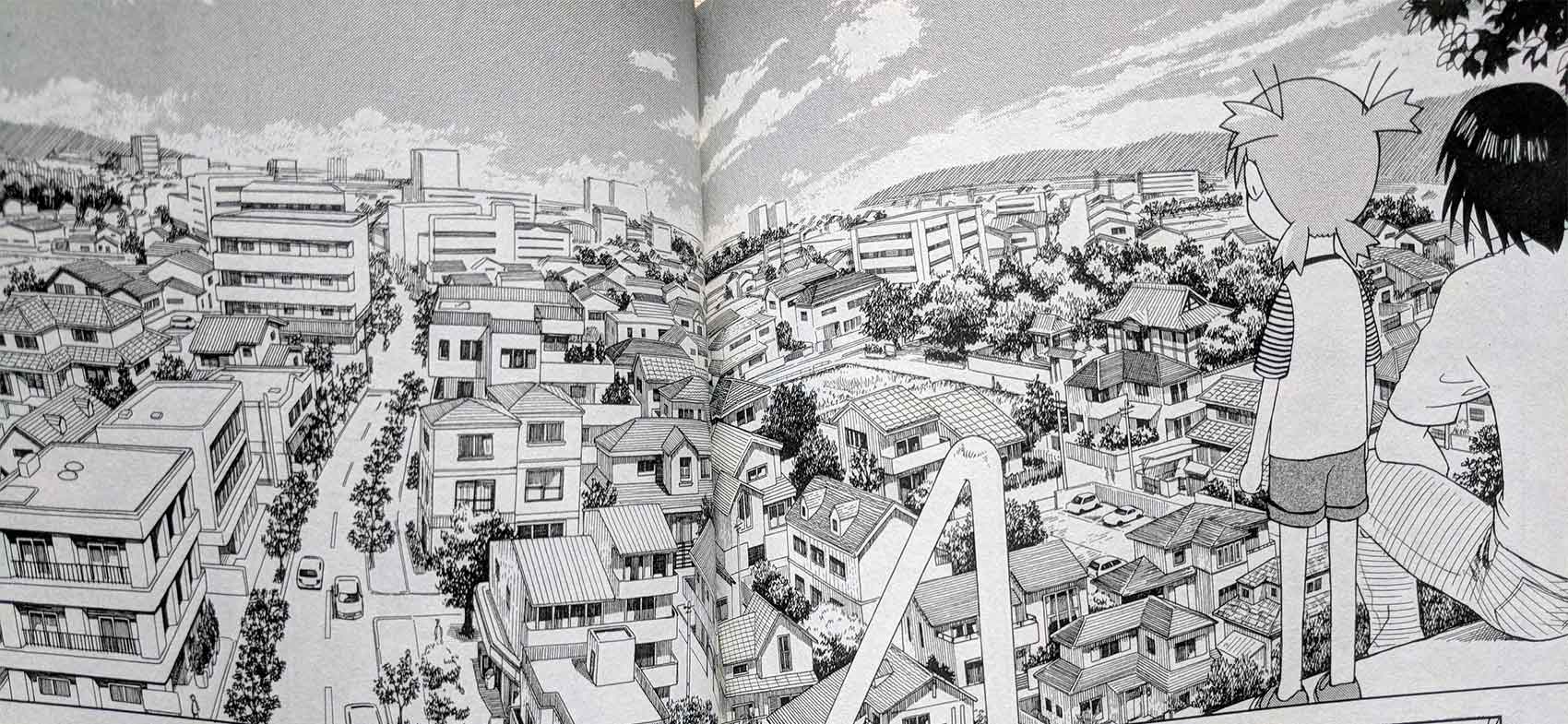 A panel from Yotsubato showing the city