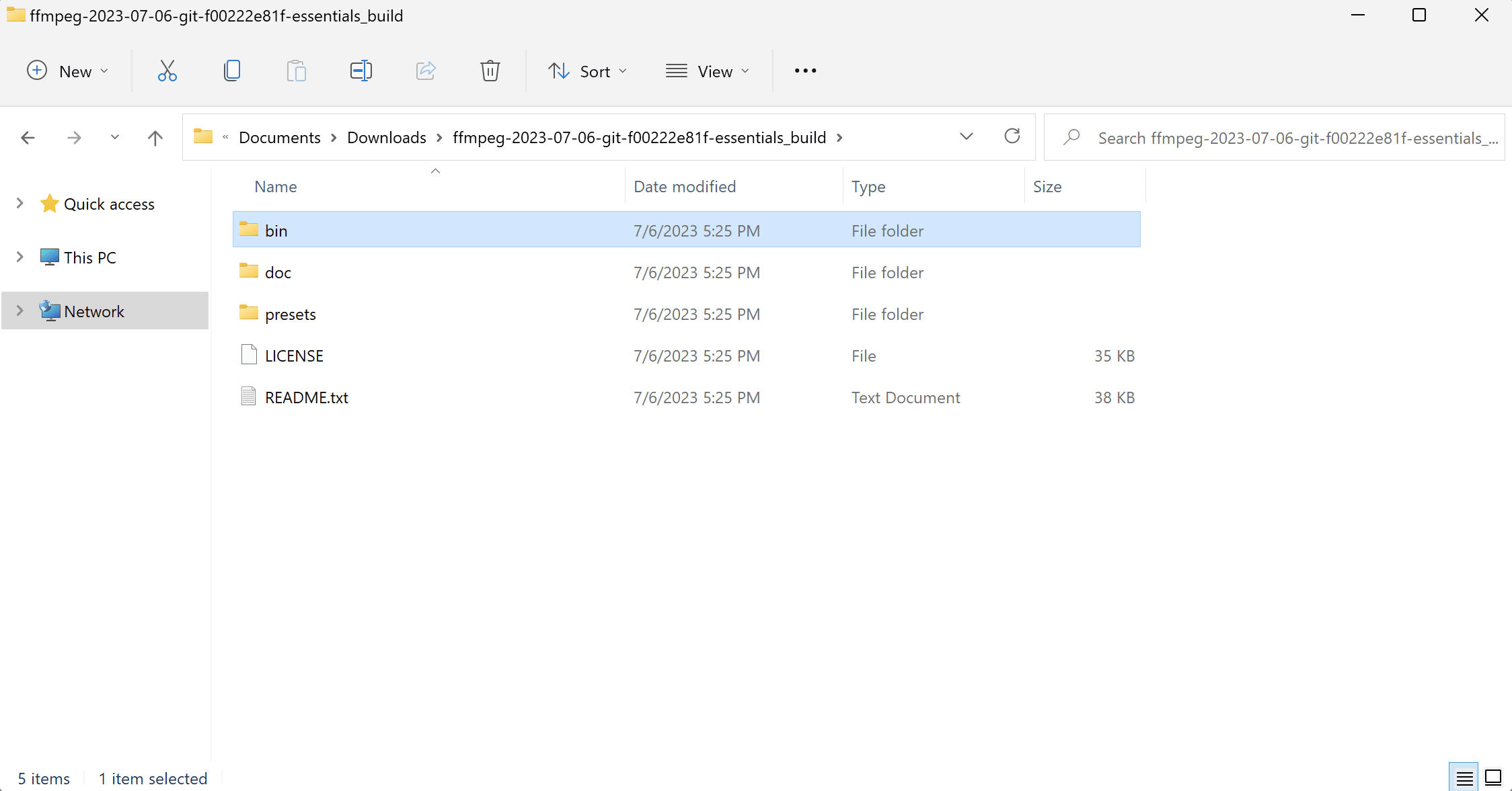 a screenshot of the content of the extracted folder (containing the bin folder) on Windows