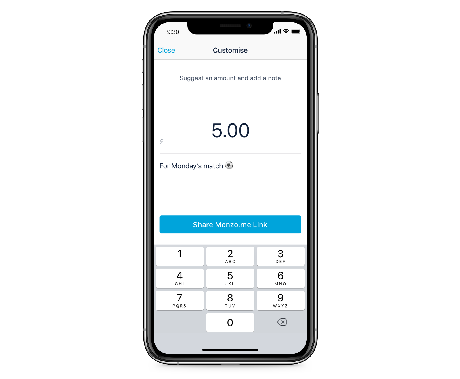 Image of a smartphone showing Monzo.me in the Monzo app