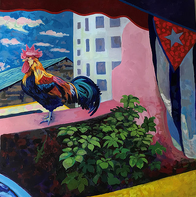panel 3 of 3 of a striking still life painting on Cuba balcony which features a rooster