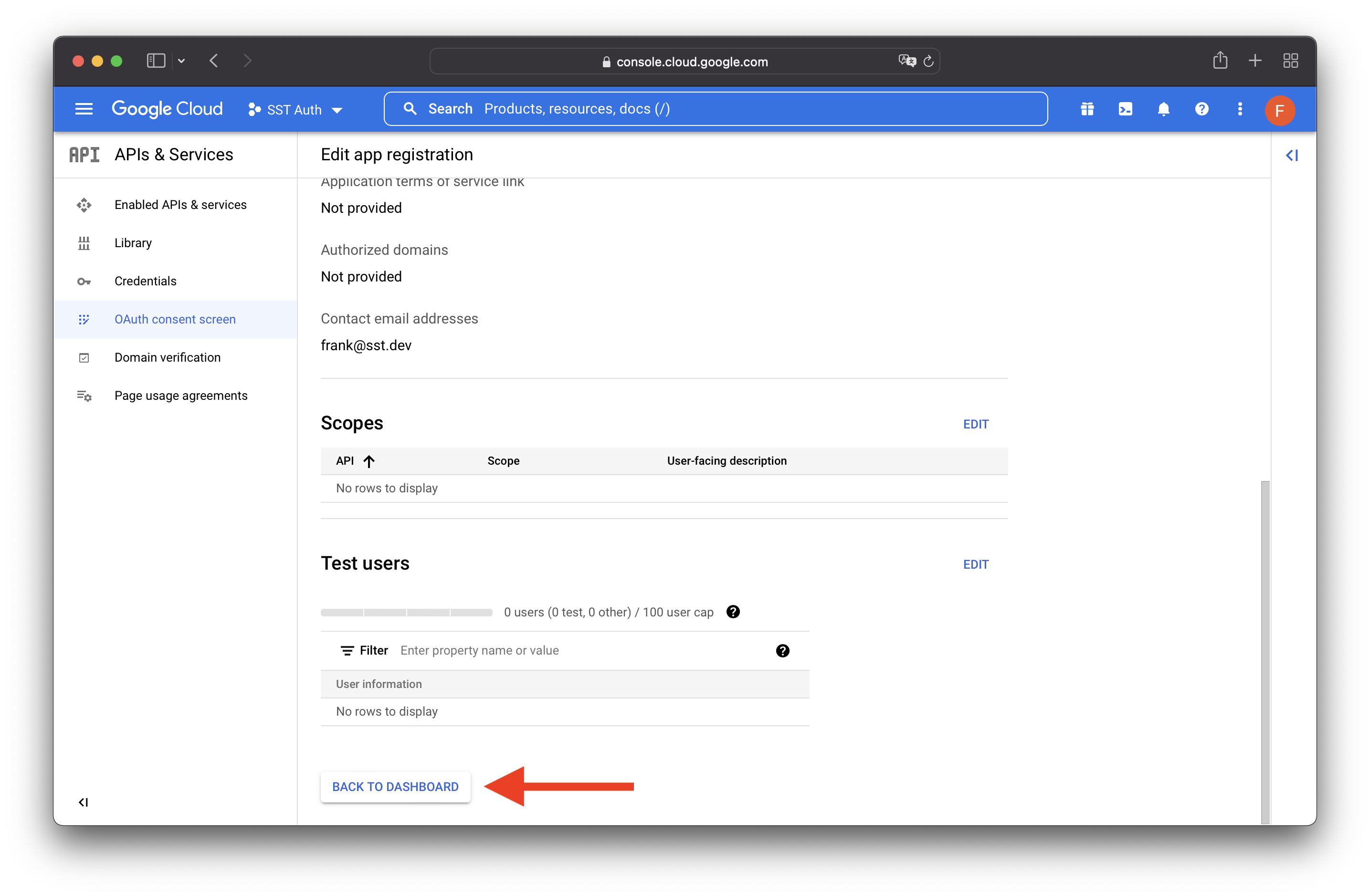 GCP Console Select Back To Dashboard