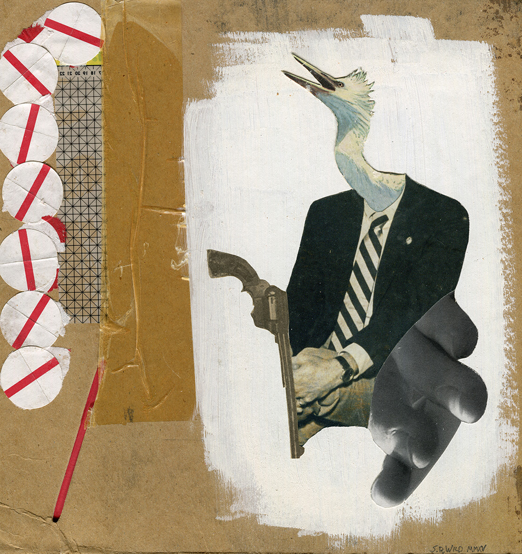 Collage on a piece of taped cardboard with a figure made from a man’s torso in a suit with a bird's head and a revolver on a white painted background surrounded by circular stickers with a red line