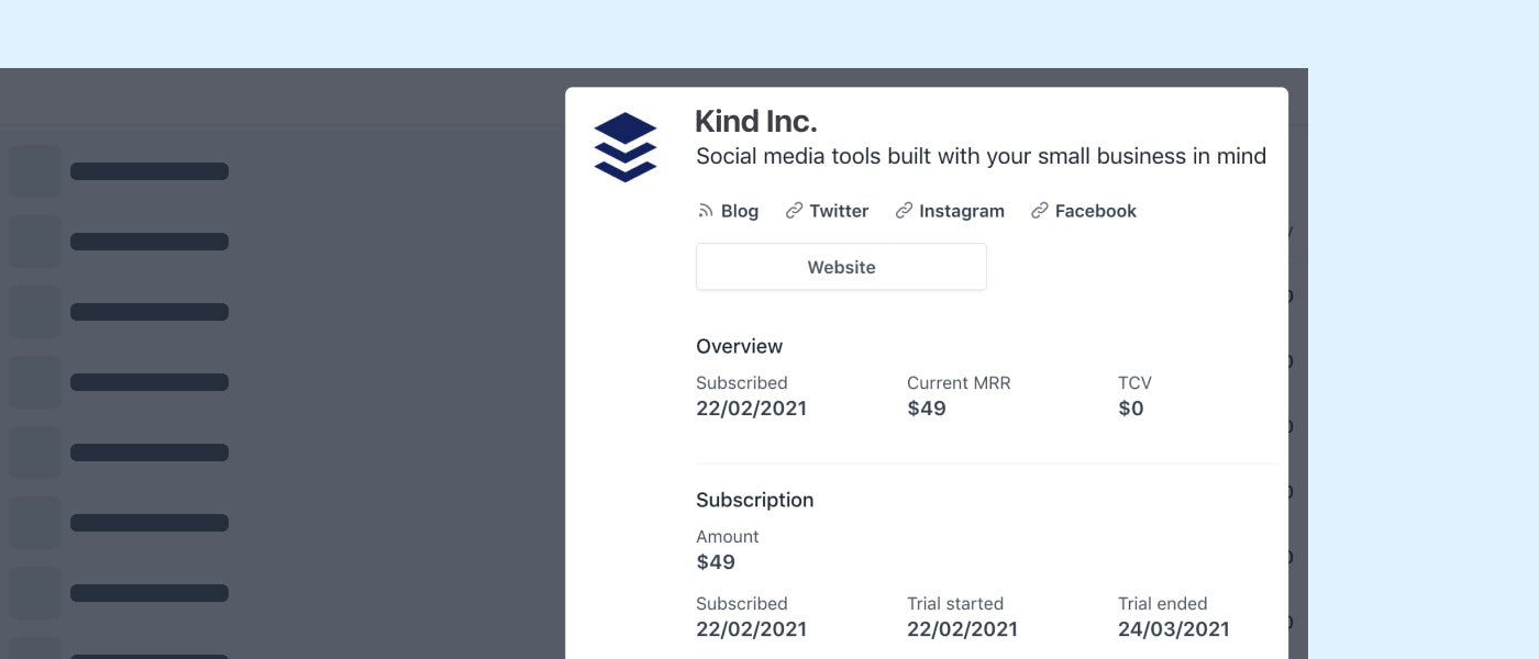 preview of enriched customer profile for, example, Buffer, showing their website, blog and social profiles