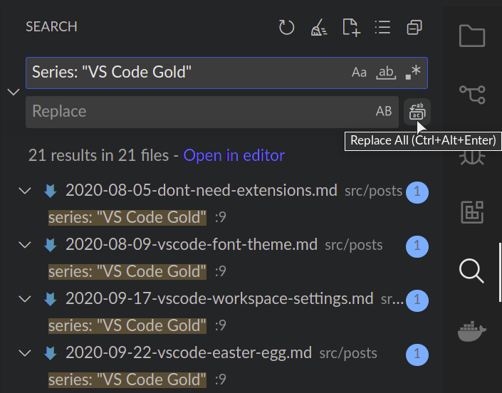 Global find and replace of all occurences of text in VS Code