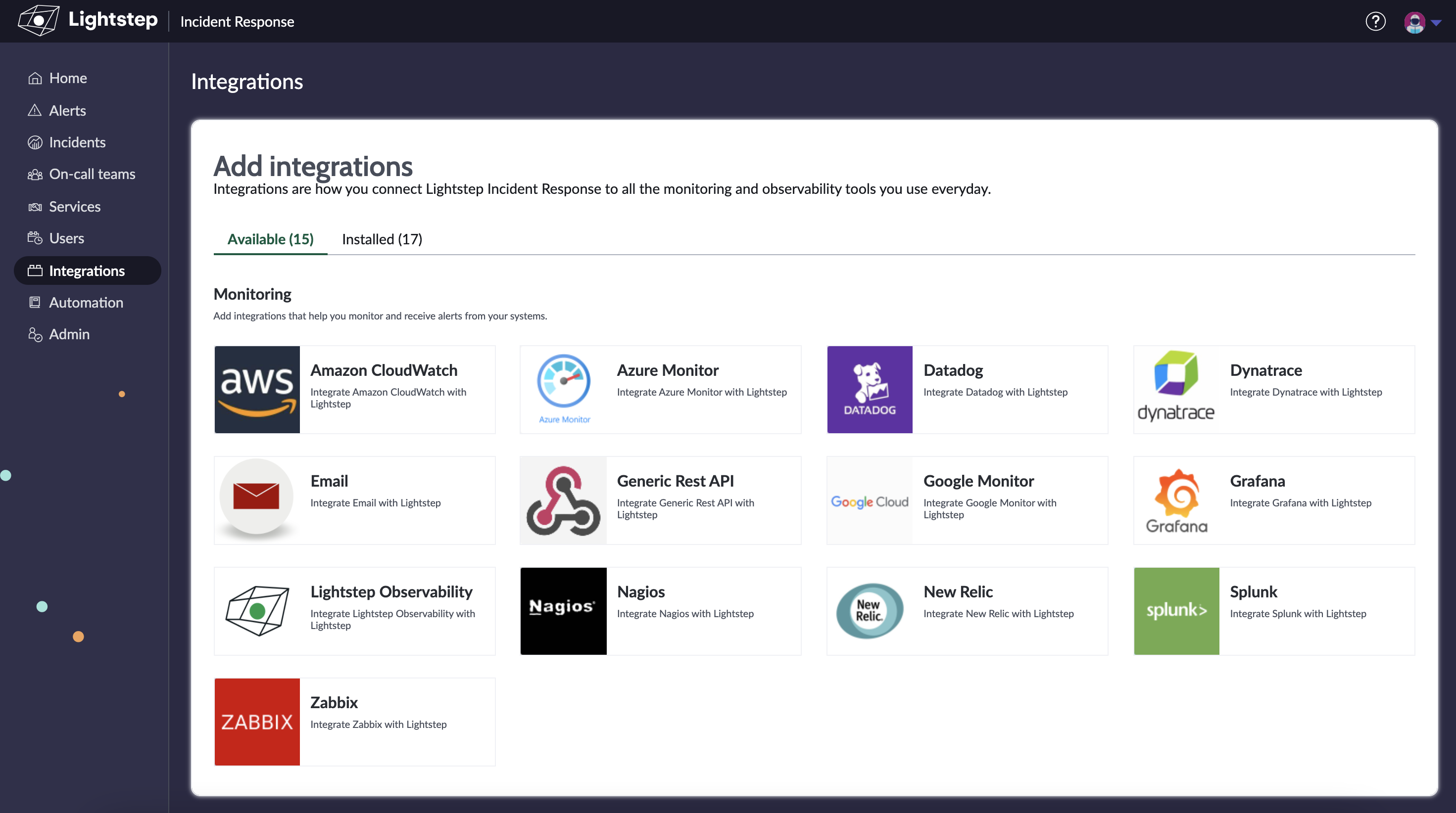 The Integrations landing page.