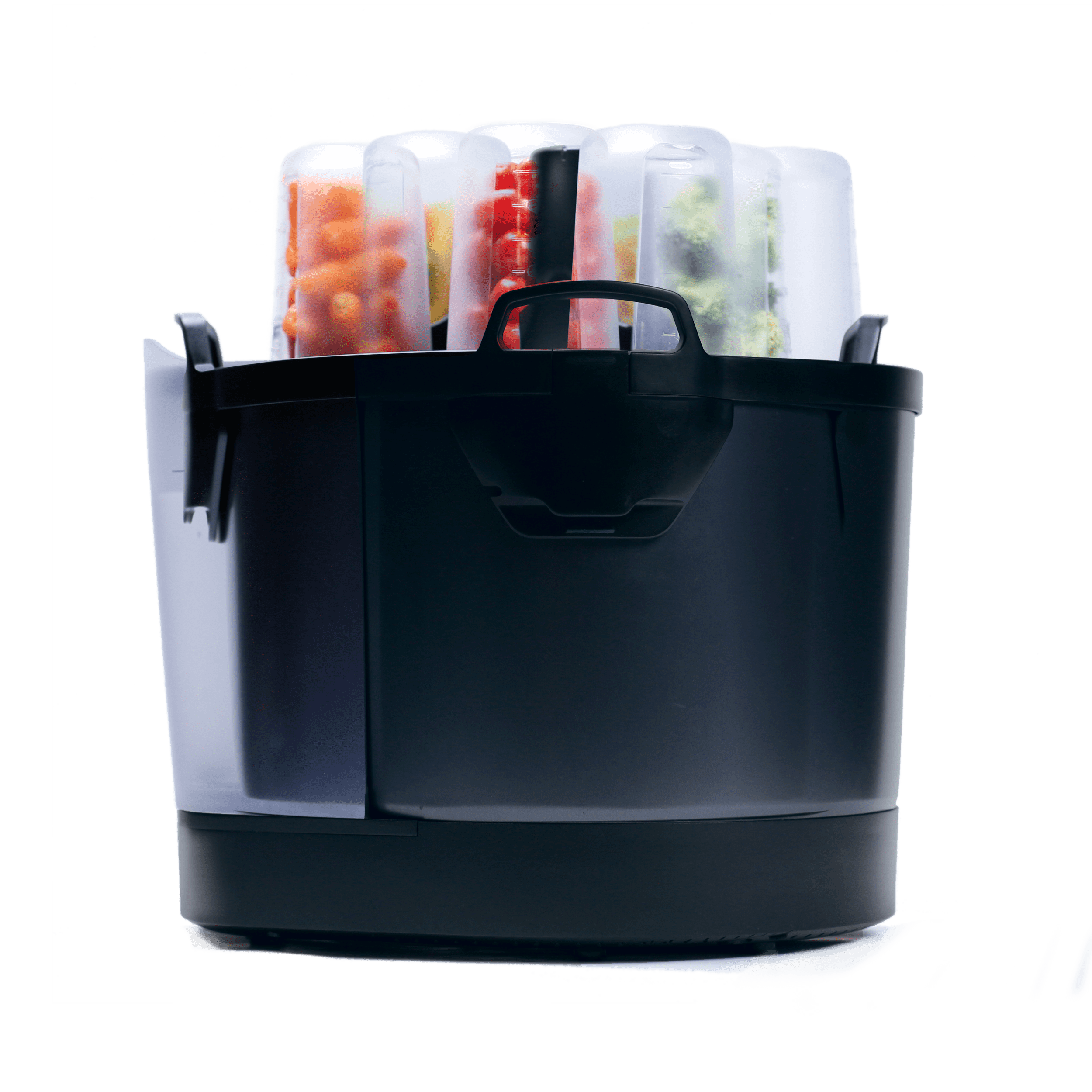 Side profile view of the black Oliver unit (smart Kitchen robot). The side profile shows Oliver's water tank & jars loaded on top of the unit full of ingredients. Oliver is a smart kitchen appliance.