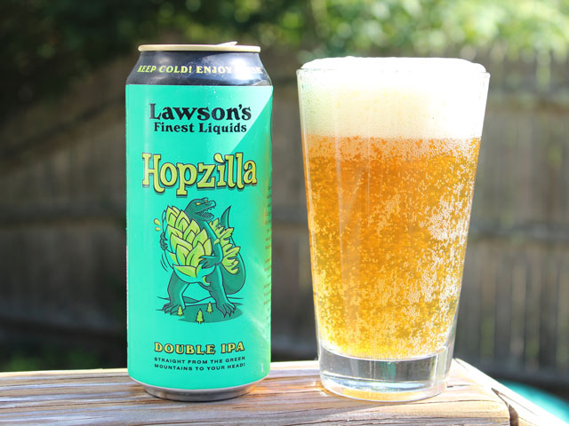A 16oz can of Hopzilla poured into a pint glass