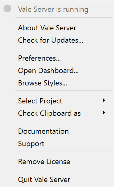 A screenshot of Vale Server's 'Preferences...' menu option.