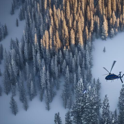 A beautiful landscape photograph of a helicopter flying through Banff mountain scenery, snowy, cool, winter