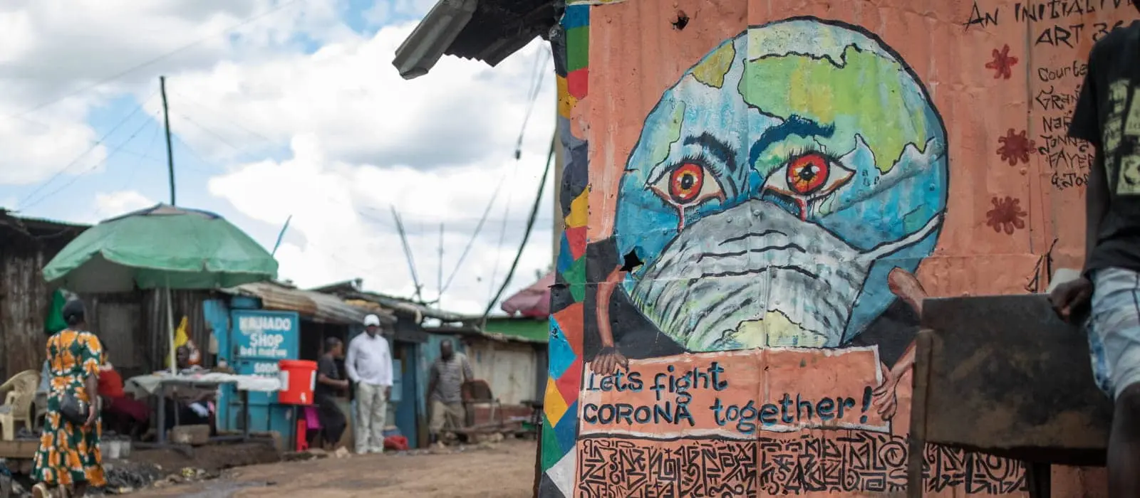 General View of the centre of Kibera slum area in Nairobi including art from Art 360 artist collective.