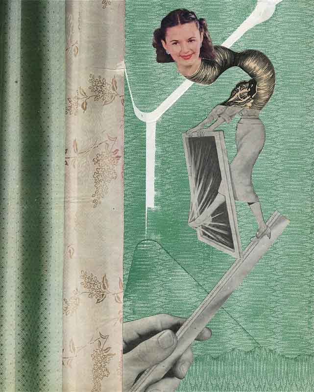 Large hand holding a ruler. On the ruler a woman is putting her foot through a window frame. Her neck is made from a long piece of medical illustration and a head is perched on top. The background is a green security envelope and fabric samples.