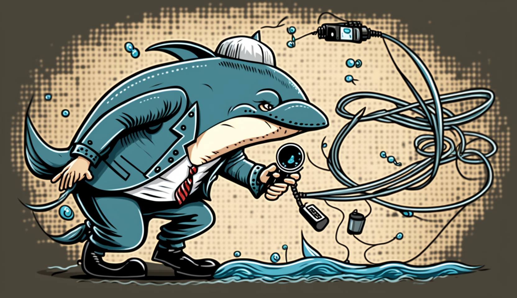 A cartoon illustration of a detective with a magnifying glass analyzing network cables, while Wireshark logo hovers above them, symbolizing the process of network troubleshooting and analysis using Wireshark.