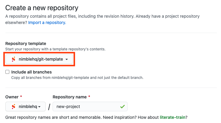 Form to create a new GitHub repository using a template
